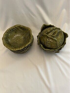 Vintage 1971 Holland Mold Green Cabbage Shaped Tureen with Bowls